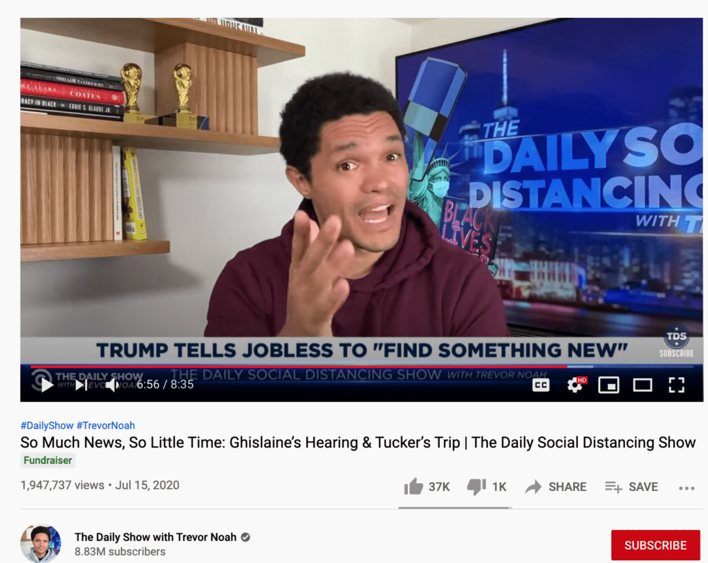 特雷弗·諾亞頻道的籌款視頻截圖,以在YouTube上賺錢