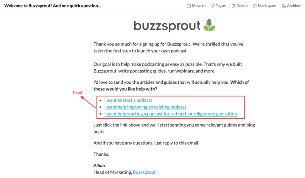圖片是Buzzsprout的電子郵件的屏幕截圖，上麵有各種各樣的鏈接點擊faq