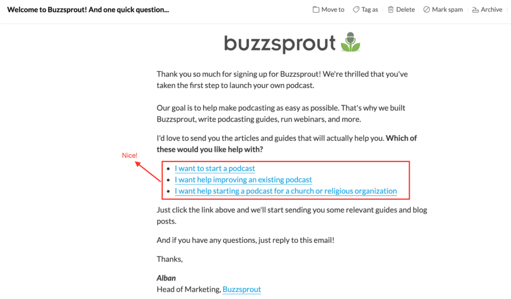 該圖像是BuzzsProut的電子郵件的屏幕截圖,並在常見問題上點擊各種鏈接