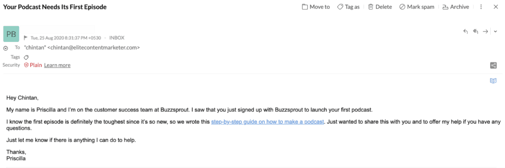 Buzzsprout的後續郵件，為你的第一個播客的開始提供了一點推動(如果你注冊時沒有的話)
