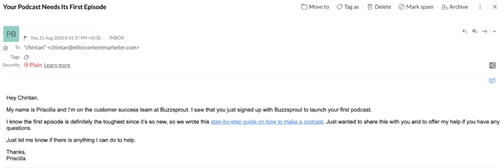 BuzzsProut的後續電子郵件提供了一些輕推件來啟動您的第一個播客(如果您不注冊時)