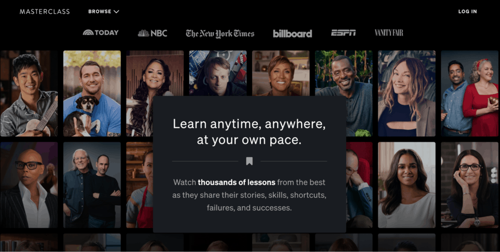 頂級學習平台Masterclass的歡迎頁麵