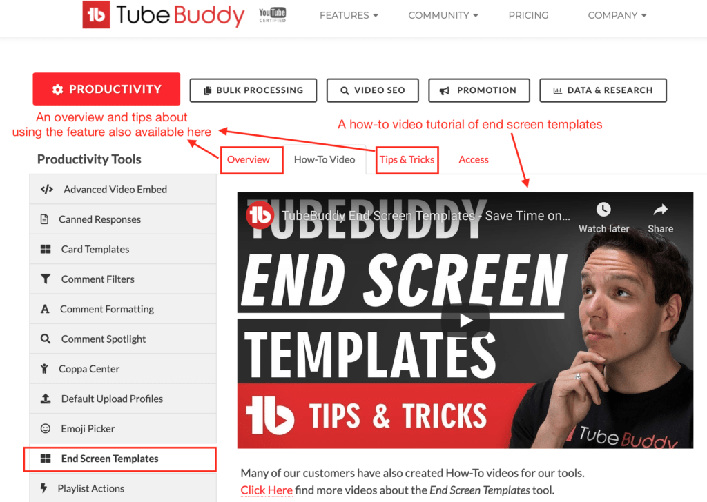 Tubebuddy儀表板與各種選項審查