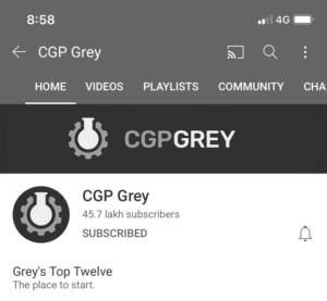 CGPGrey的橫幅藝術顯示在移動設備上,他們的標誌和頻道名顯示在黑色背景上。