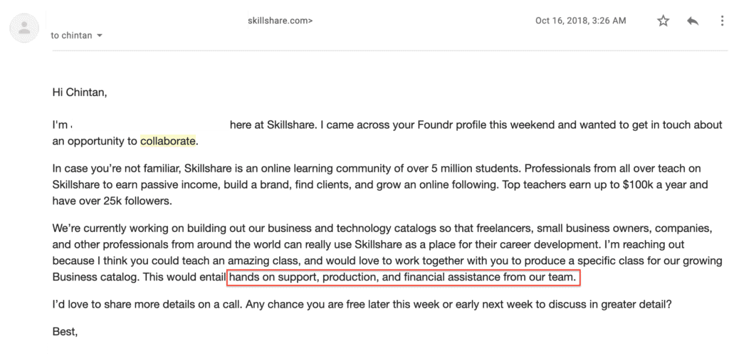 SkillShare團隊收到的關於將內容帶到他們平台的郵件