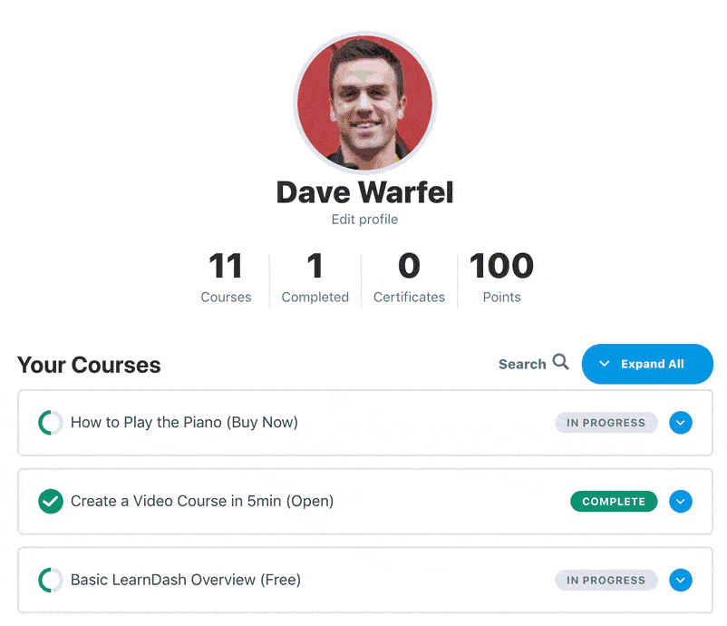 LearnDash上Dave Warfel的用戶資料