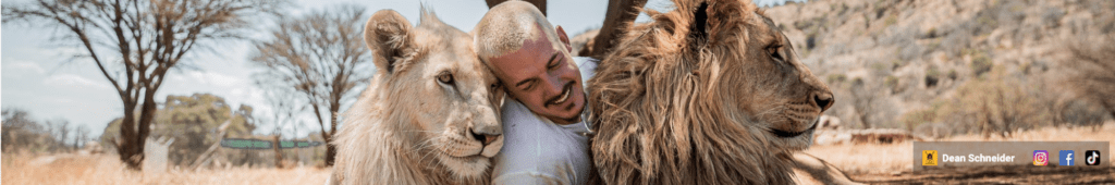 一張Dean Schinedar和兩隻獅子玩得很開心的照片。