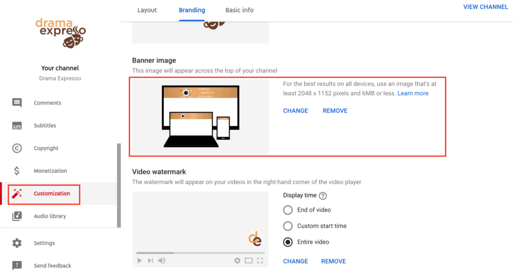 顯示YouTube頻道橫幅圖像的“更改”選項的圖像。