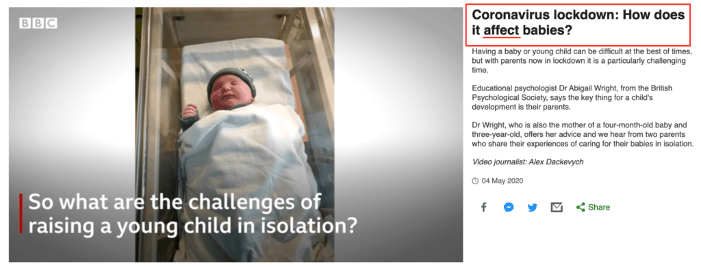 BBC一篇關於COVID - 19封鎖如何影響嬰兒的文章，配上一個睡著的嬰兒的圖片
