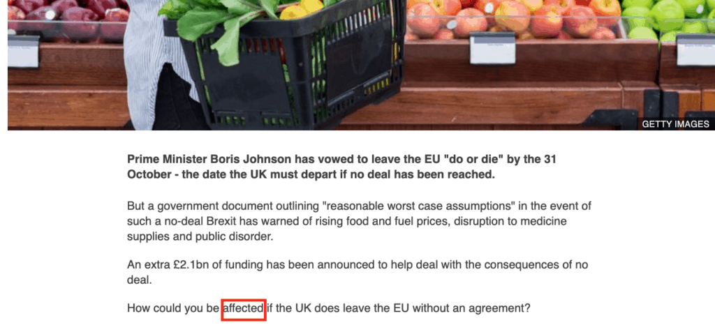 BBc新聞關於英國脫歐的文章，配圖是某人在購買農產品