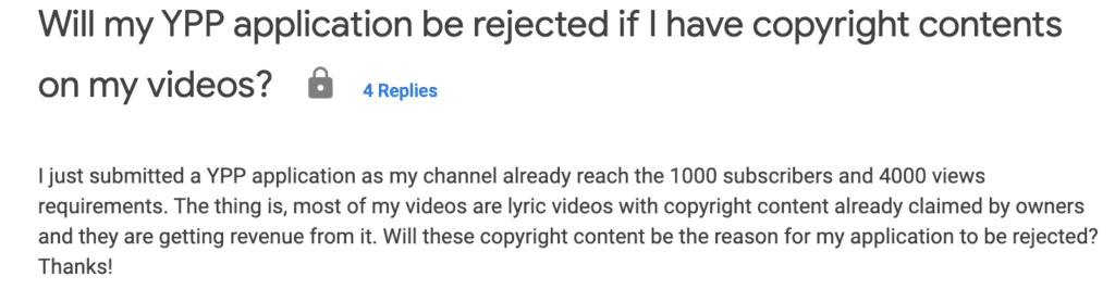 一個問題的截圖和回答，如果視頻含有版權內容，YPP申請是否會被拒絕。